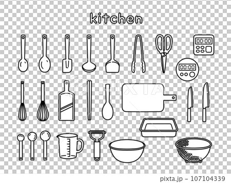 Monochrome stylish hand-drawn kitchen utensils illustration set 107104339