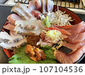 新鮮な海の幸、海鮮丼接写、伊東にて 107104536