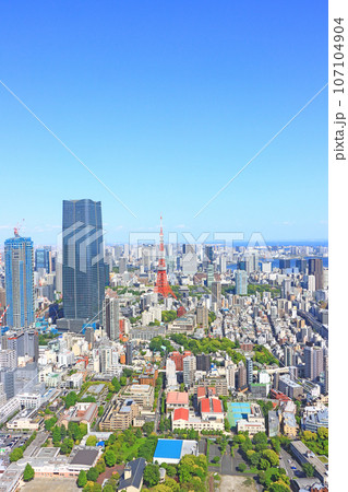 東京都、東京の町並みと東京タワーの風景 107104904