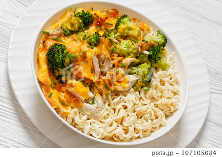 ramen noodle with chicken, broccoli and cheese ramen noodle with chicken, broccoli and cheese 107105084