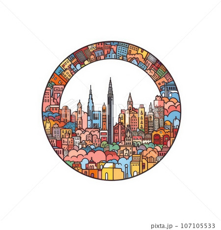 A circle shape frame with center space of Barcelona city skyline in simple doodle color cartoon style. Generative AI AIG32 107105533