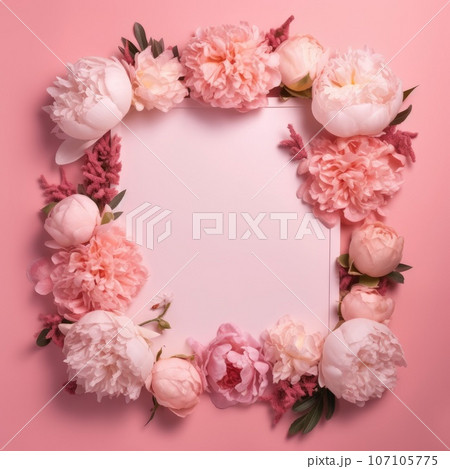 Beautiful Peonies, roses on pink background with copy space. Generative AI weber. 107105775