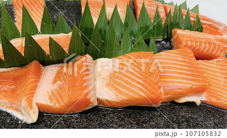 Raw fresh salmon fillets ready for cooking to be the very delicious dish in the fresh fish market 107105832