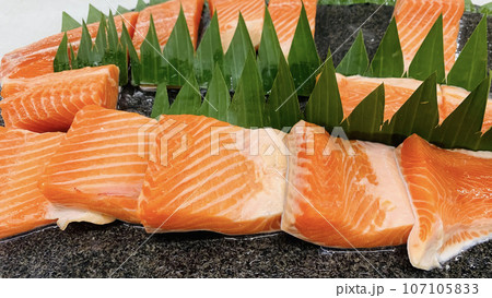 Raw fresh salmon fillets ready for cooking to be the very delicious dish in the fresh fish market 107105833