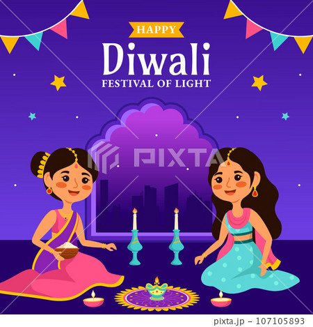 Happy Diwali Social Media Illustration Flat Cartoon Hand Drawn Templates Background 107105893