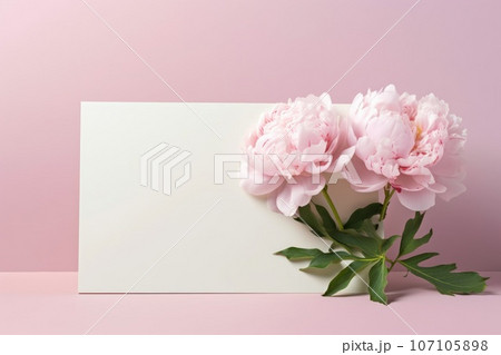 Mockup blank white paper with Peony flower with greeting card, Copy space. Generative AI weber. Mockup blank white paper with Peony flower with greeting card, Copy space. Generative AI weber. 107105898