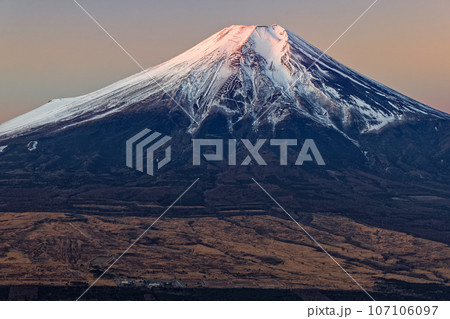 杓子山から見る朝日差す富士山 107106097