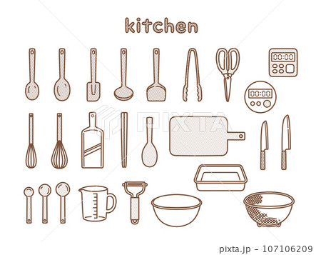 おしゃれな手描きのキッチン用品イラストセット 107106209