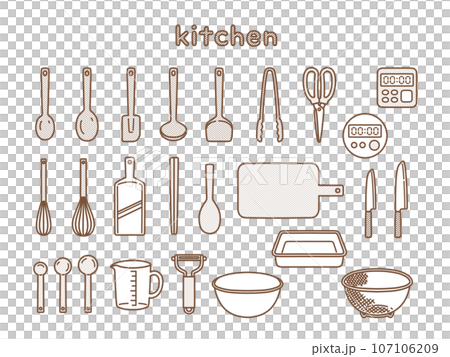 おしゃれな手描きのキッチン用品イラストセット 107106209