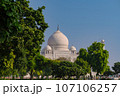Garlic dome architecture of the Taj Mahal temple, Agra, Uttar Pradesh, India is built of white marble 107106257