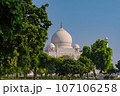 Garlic dome architecture of the Taj Mahal temple, Agra, Uttar Pradesh, India is built of white marble 107106258