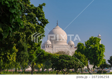Garlic dome architecture of the Taj Mahal temple, Agra, Uttar Pradesh, India is built of white marble 107106258