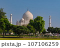 Garlic dome architecture of the Taj Mahal temple, Agra, Uttar Pradesh, India is built of white marble 107106259