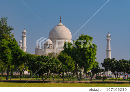 Garlic dome architecture of the Taj Mahal temple, Agra, Uttar Pradesh, India is built of white marble 107106259