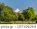 Garlic dome architecture of the Taj Mahal temple, Agra, Uttar Pradesh, India is built of white marble 107106264