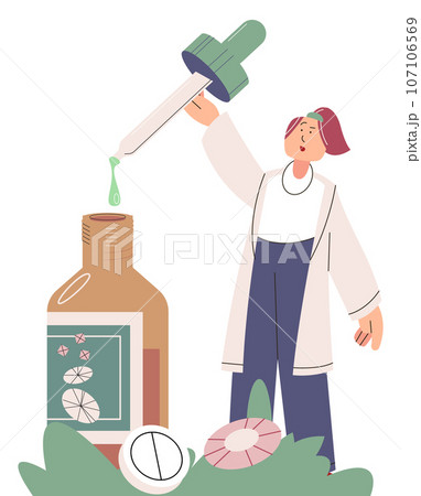 Homeopathic herbal medicine, alternative treatment, phytotherapy, use for therapeutic or prophylactic purposes of medicinal plants or preparations derived from them. Researcher working in laboratory Homeopathic herbal medicine, alternative treatment, phytotherapy, use for therapeutic or prophylactic purposes of medicinal plants or preparations derived from them. Researcher working in laboratory 107106569