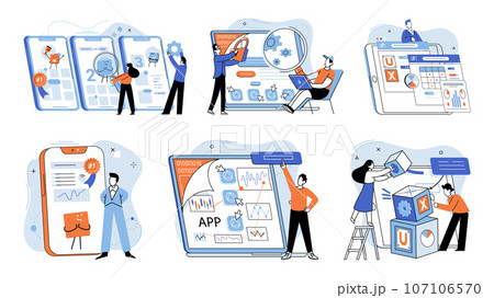 Application testing metaphor. Vector illustration. Software testing, examination that scrutinizes every line of code Application testing, scale to measure softwares performance App test, boot camp Application testing metaphor. Vector illustration. Software testing, examination that scrutinizes every line of code Application testing, scale to measure softwares performance App test, boot camp 107106570