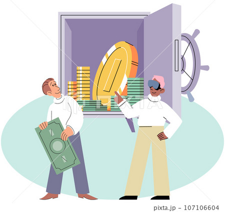 Putting money in safe. Happy people putting coin into strongbox. Family budget home savings and investment money. Safe economical fund deposit strategy. Bank account, accumulation of funds, wealth 107106604