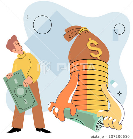 Businessman putting coins in money bag. Coin stack step growing growth. Saving dollar cash concept. Capital business investment. Money deposit. Finance management and banking, earning and profit 107106650
