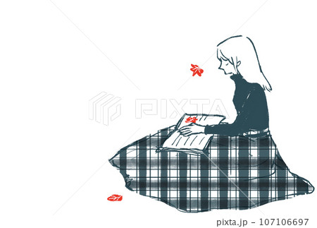 本を膝にのせて座る女性のイラスト 107106697