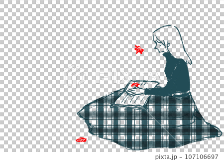 本を膝にのせて座る女性のイラスト 107106697