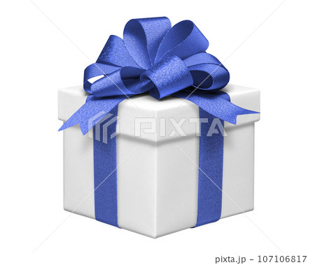 フレンチボウの青いリボンをかけたプレゼントボックスの写真素材