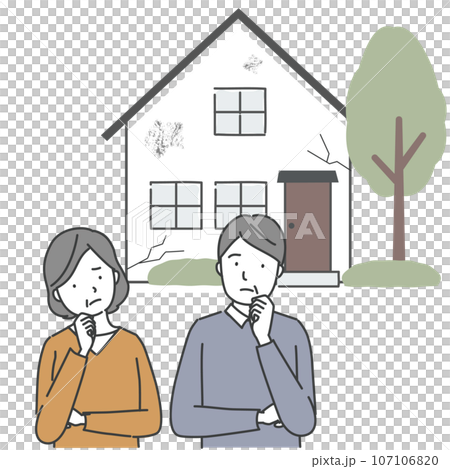古くなった家のまえで悩む中高年の男性と女性 古くなった家のまえで悩む中高年の男性と女性 107106820