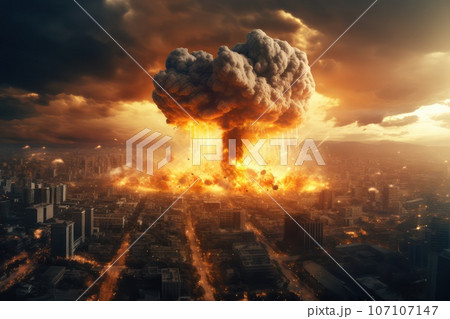 Nuclear war threat concept. Explosion of nuclear bomb in the city. Nuclear war threat concept. Explosion of nuclear bomb in the city. 107107147