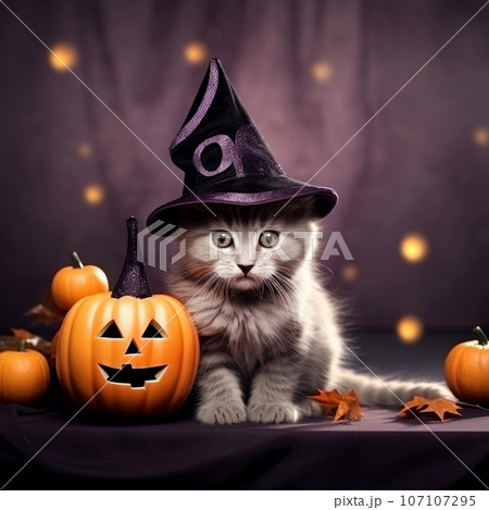 Cute kitten in a wizard hat and Halloween pumpkin on  dark background, Generative Ai 107107295