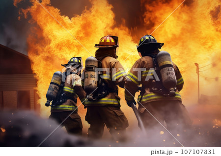 Firefighters team battle a fire house in community area. Generative Ai Firefighters team battle a fire house in community area. Generative Ai 107107831