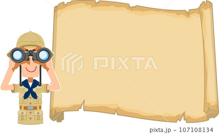 空欄の古い地図と双眼鏡を覗く探検家 107108134