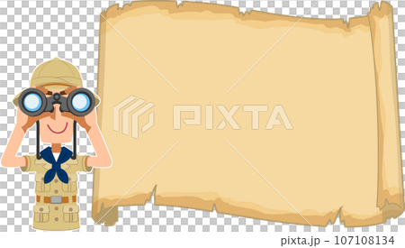 空欄の古い地図と双眼鏡を覗く探検家 107108134