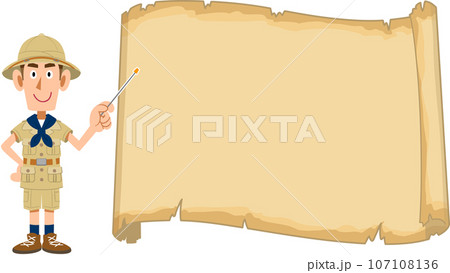 空欄の古い地図を指差す探検家 107108136