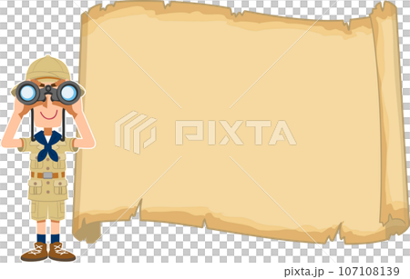 空欄の古い地図の前で双眼鏡を覗く探検家 107108139