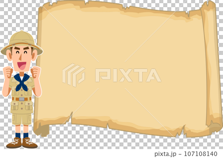 空欄の古い地図の前で笑顔を見せる探検家 107108140