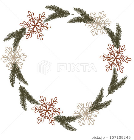 Vector illustration of a Christmas fir wreath with snowflakes. Festive New Year clipart for the design of cards, stickers, packaging, template with space for text 107109249