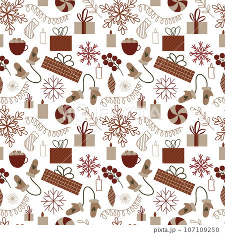 Seamless pattern with christmas elements. festive New Year decor with candle, star, gift box, Christmas tree, toy, holly plants, mistletoe, red berries, snowflakes for textile, scrapbooking 107109250