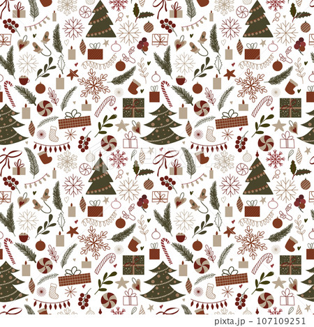 Seamless pattern with christmas elements. festive New Year decor with candle, star, gift box, Christmas tree, toy, holly plants, mistletoe, red berries, snowflakes for textile, scrapbooking 107109251