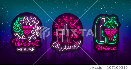 Wine logos set in trendy neon style. Logo, neon signs glowing banner. Bright sign for the menu, bar, restaurant, wine list, wine house, wine label, vineyard winery. Vector illustration Wine logos set in trendy neon style. Logo, neon signs glowing banner. Bright sign for the menu, bar, restaurant, wine list, wine house, wine label, vineyard winery. Vector illustration 107109316