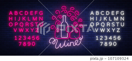Template logo wine bar in a trendy neon style. Logo, badge glowing banner. For the menu, bar, restaurant, wine house, wine label, vineyard, winery. Vector illustration. Editing text neon sign 107109324