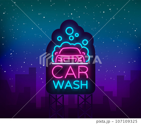 Car wash logo vector design in neon style vector illustration isolated. Template, concept, luminous signboard icon on a car wash theme. Luminous banner Car wash logo vector design in neon style vector illustration isolated. Template, concept, luminous signboard icon on a car wash theme. Luminous banner 107109325