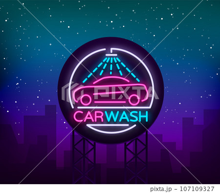 Car wash logo design emblem in neon style illustration. Template, concept, luminous sign on the theme of washing cars. Advertising Billboard Car wash logo design emblem in neon style illustration. Template, concept, luminous sign on the theme of washing cars. Advertising Billboard 107109327