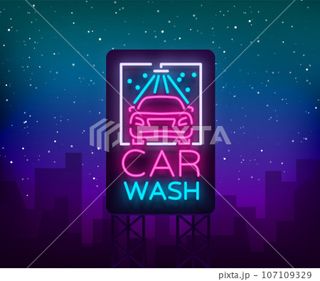 Car wash logo design emblem in neon style vector illustration. Template, concept, luminous sign on the theme of washing cars 107109329