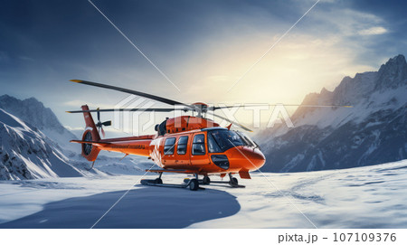 Rescue helicopter landing at snow mountains 107109376