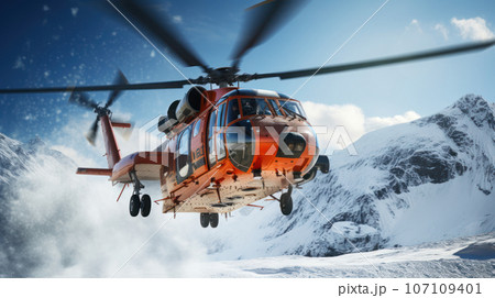 Rescue helicopter landing at snow mountains 107109401
