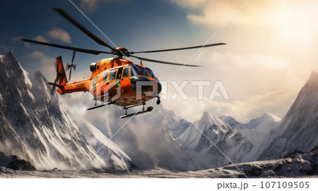 Rescue helicopter landing at snow mountains Rescue helicopter landing at snow mountains 107109505