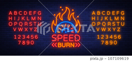 Speed burn logo emblem template vector logo in neon style. A glowing sign on the theme of the races. Neon sign, light banner. Editing text neon sign. Neon alphabet 107109619