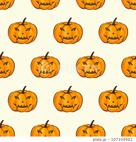 Halloween Seamless Pattern Isolated Wrap Wallpaper With Terrible Pumpkins In A Cartoon Style. Vector illustration of Halloween theme for your projects 107109982