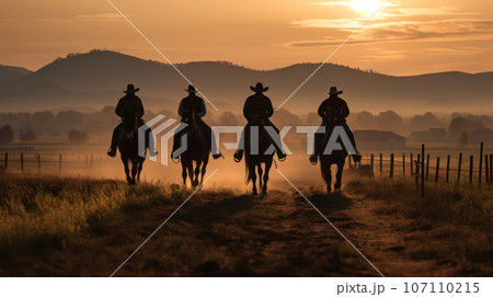 Cowboy riding horse together on the little hill during sunrise on farm 107110215