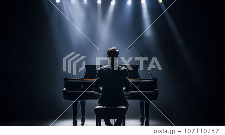 male playing piano on the stage in hall and spot light male playing piano on the stage in hall and spot light 107110237